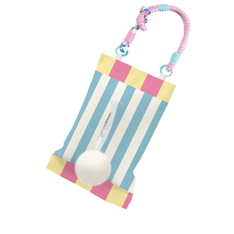 Blue-Striped Hanging Tissue Cover with White Pompom